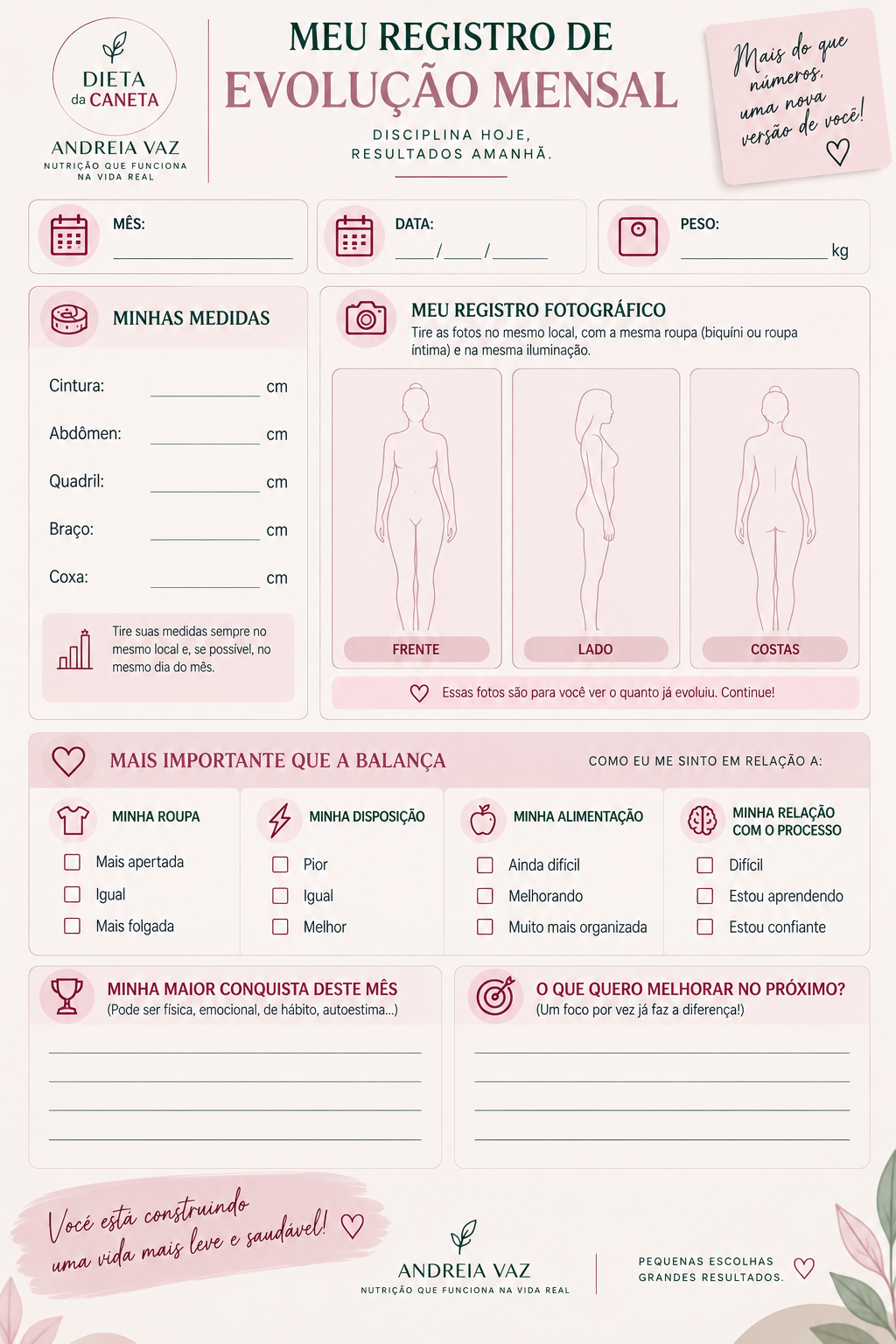 Registro de evolução mensal do Método D.I.E.T.A. da Caneta