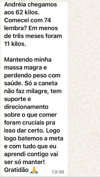 Relato de paciente acompanhada sobre emagrecimento com manutenção de massa magra