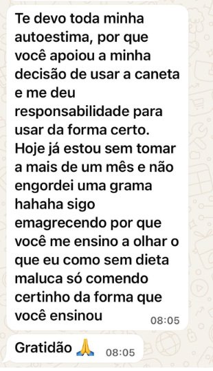 Relato de paciente acompanhada sobre alimentação após interromper o uso da caneta